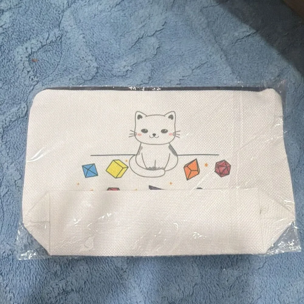 White Zipper Makeup Bag Cat Dice 
